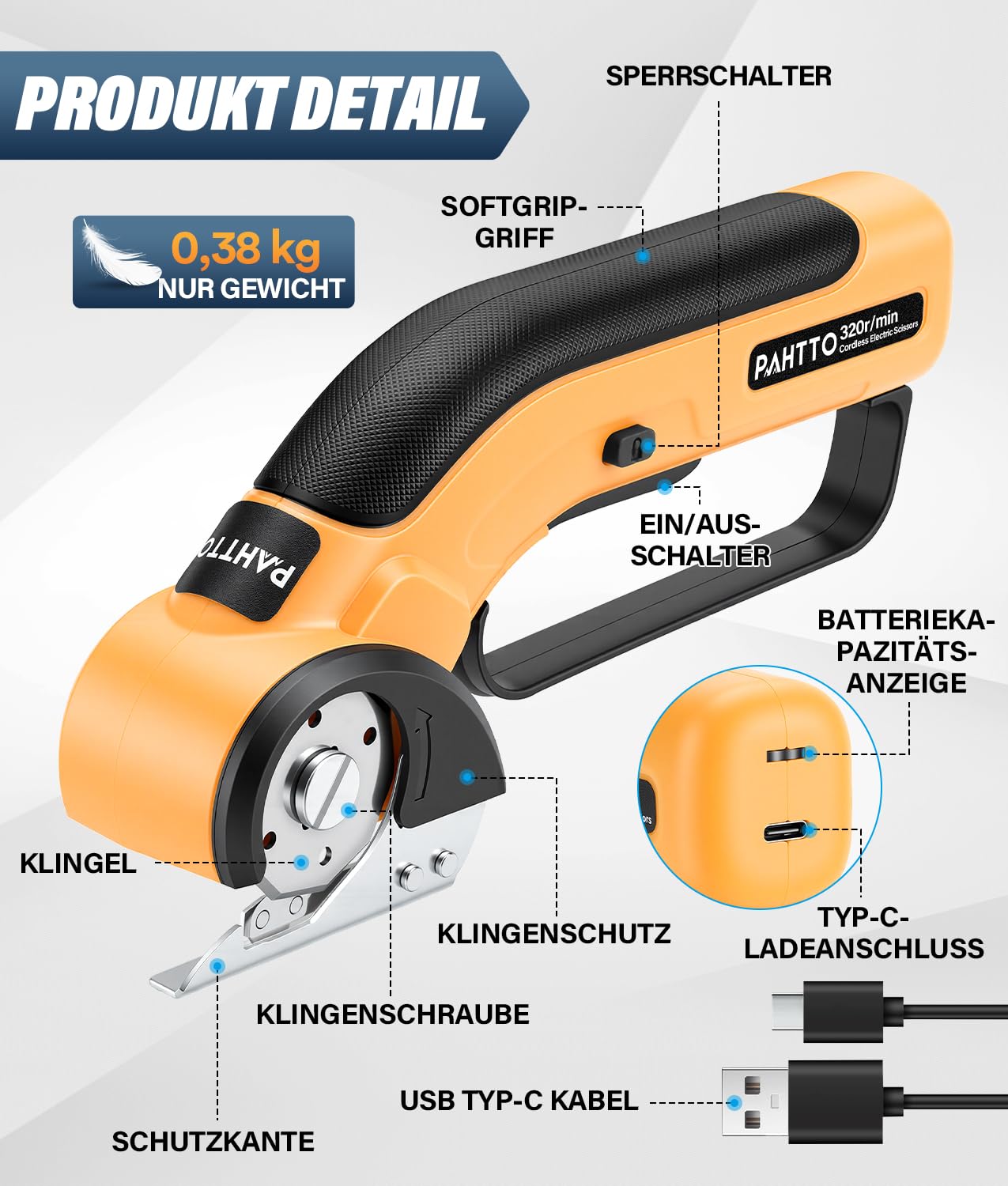 PAHTTO Kartonschneider elektrisch Schere mit Handgriff, Kabellose Rollschneider Akku-Universalschneider Rotationsschneider für Papier, Pappe, Teppich, Leder, Filz, Stoff