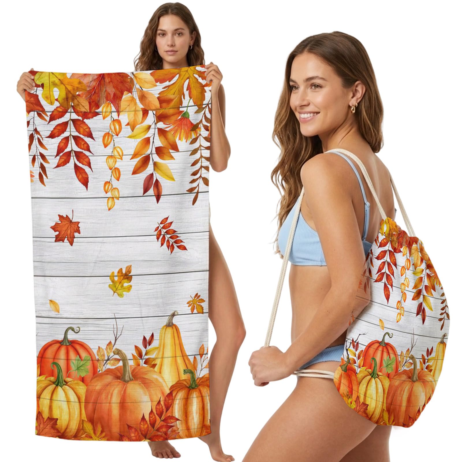 2-in-1 Beach Towel Backpack,Orange Pumpkin Fall Maple Leaves Bath Towel with Built-in Storage Thanksgiving Farm Plank Convertible Foldable Beach Blanket for Travel Pool Gym Camping Swim,31x63in
