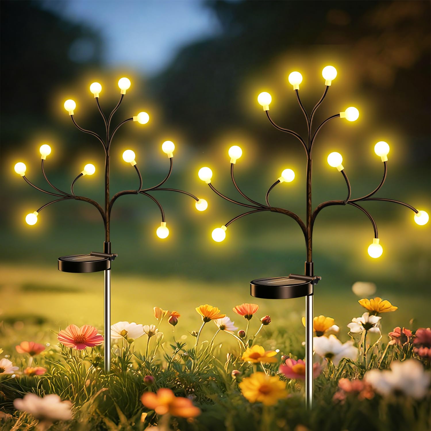 FIFlying Solarleuchten für Außen Garten, 2 Stück 12 LEDs Baumförmige Firefly Gartenbeleuchtung 2 Modi Flexible Form, IP65 Wasserdicht, Solarlampen für Außen Balkon Terrasse Vorgarten Weg