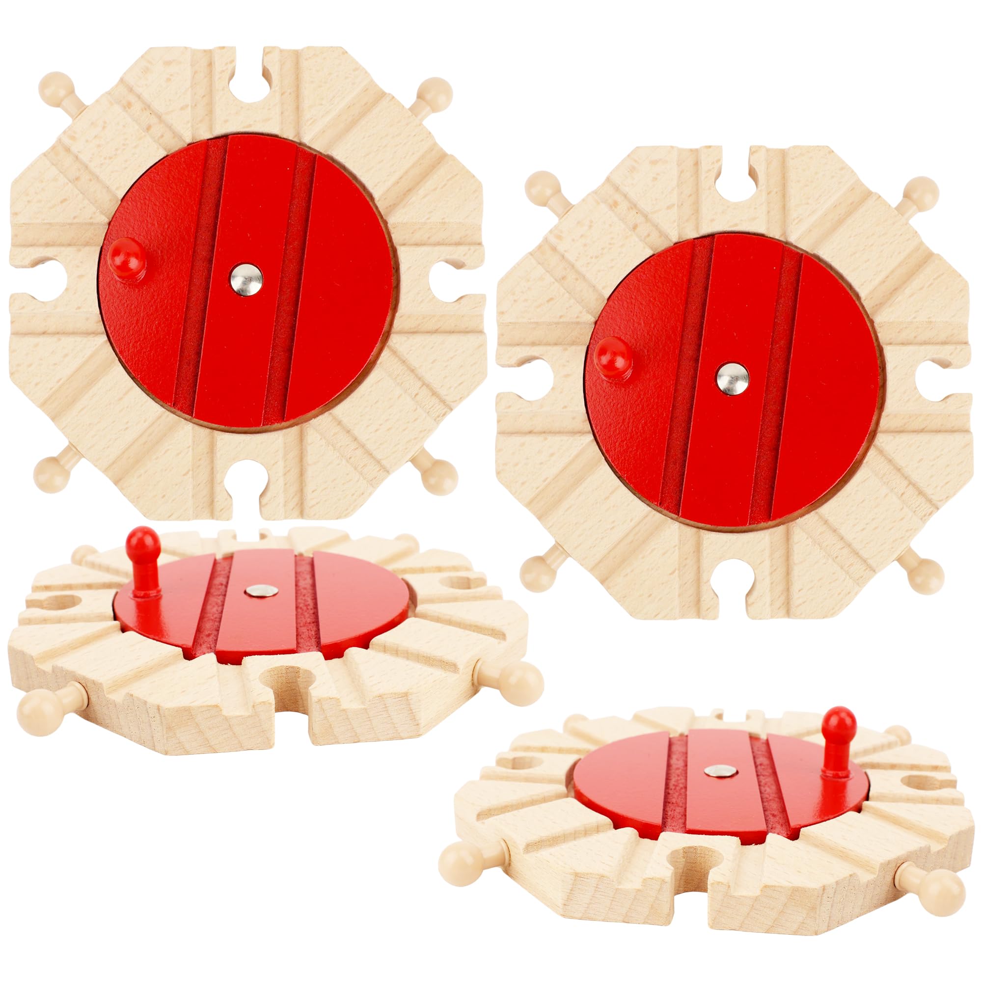 4 Pack Wooden Track Rotating Turntables Hardwood Switching Track Wood Train Track Expansion PacksCompatible with Major Brand Railway