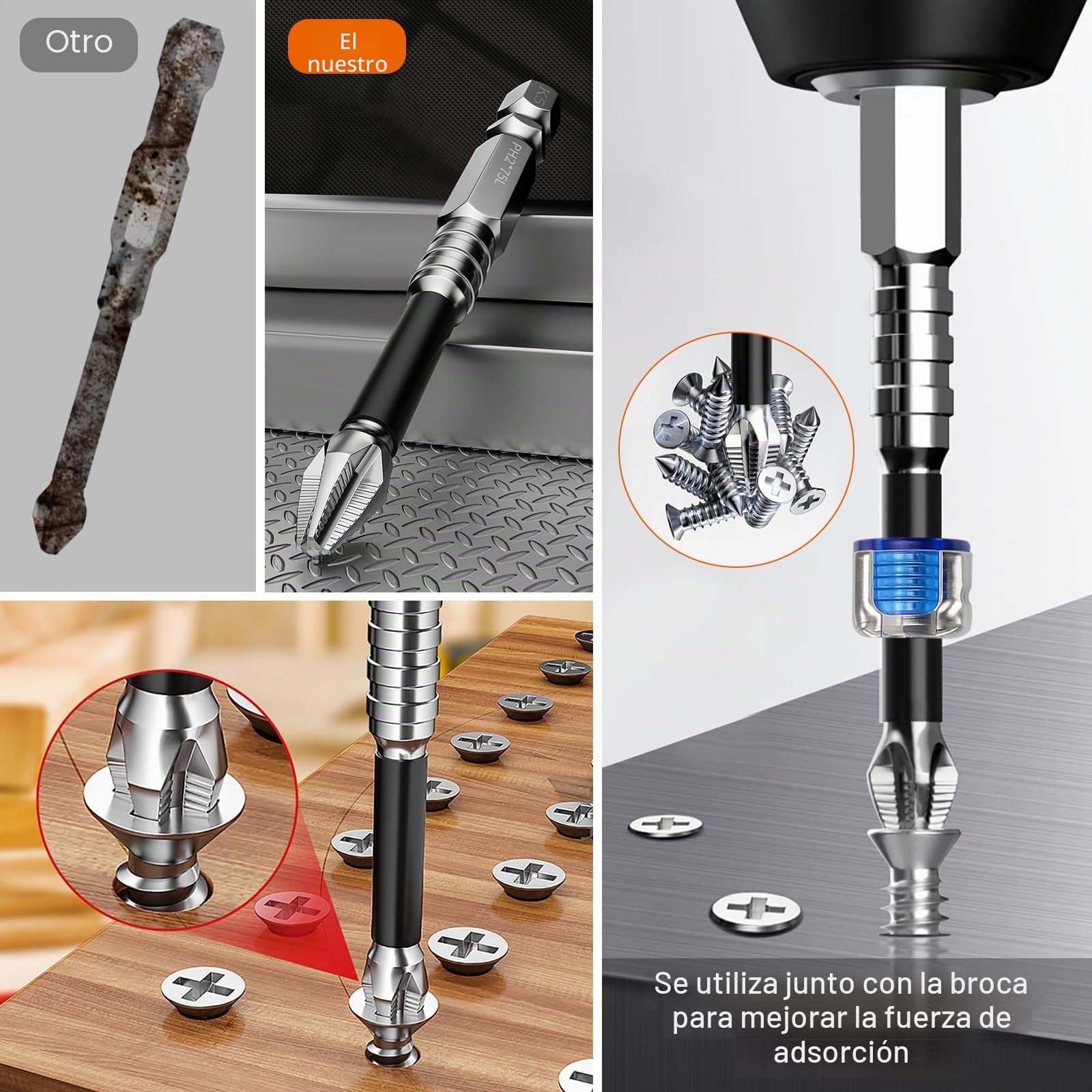 6 piezas de juego de brocas de destornillador antideslizante de alta magnetización con magnetizador, puntas de precisión resistentes a golpes para taladros eléctricos y atornilladores de batería