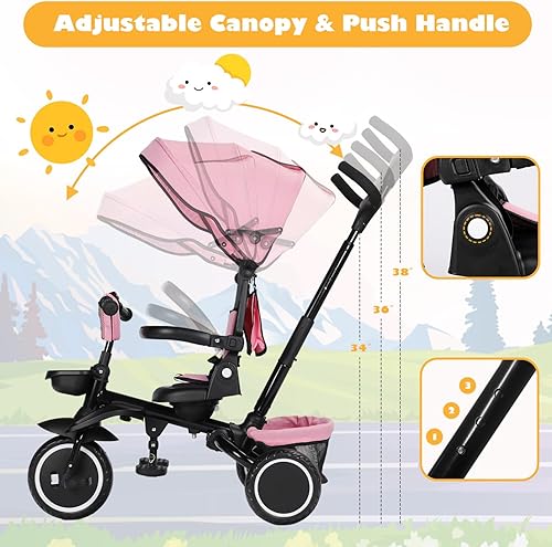 Miniatura 8 de Triciclo plegable para niños, triciclo de bebé 8 en 1 con toldo extraíble y ajustable, mango para padres, arnés de seguridad de 5 pioneros,