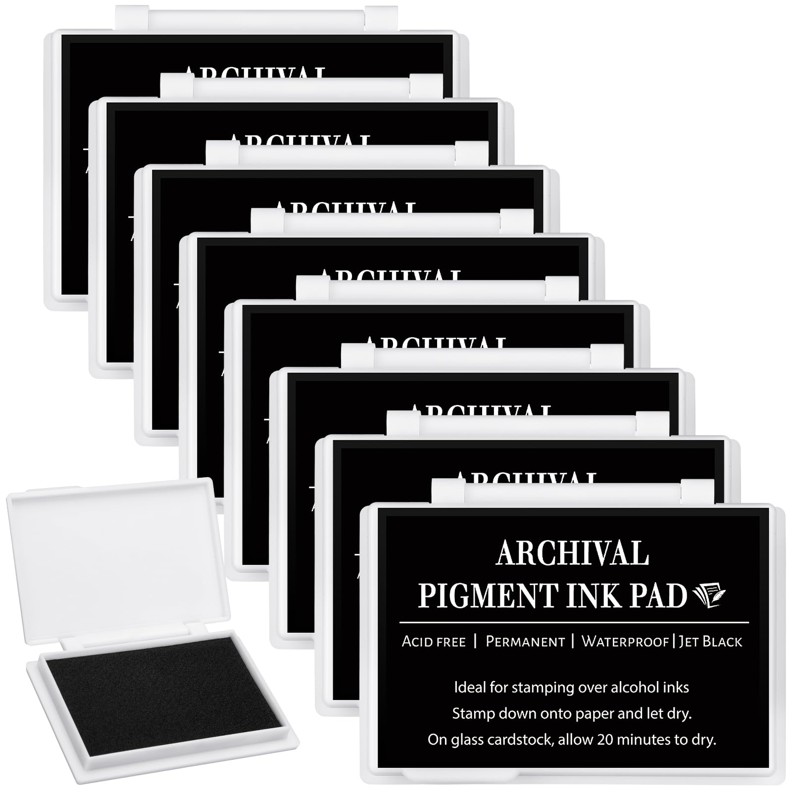 MotiMind 8 Pcs Archival Pigment Waterproof Ink Pad for Stamps, Black