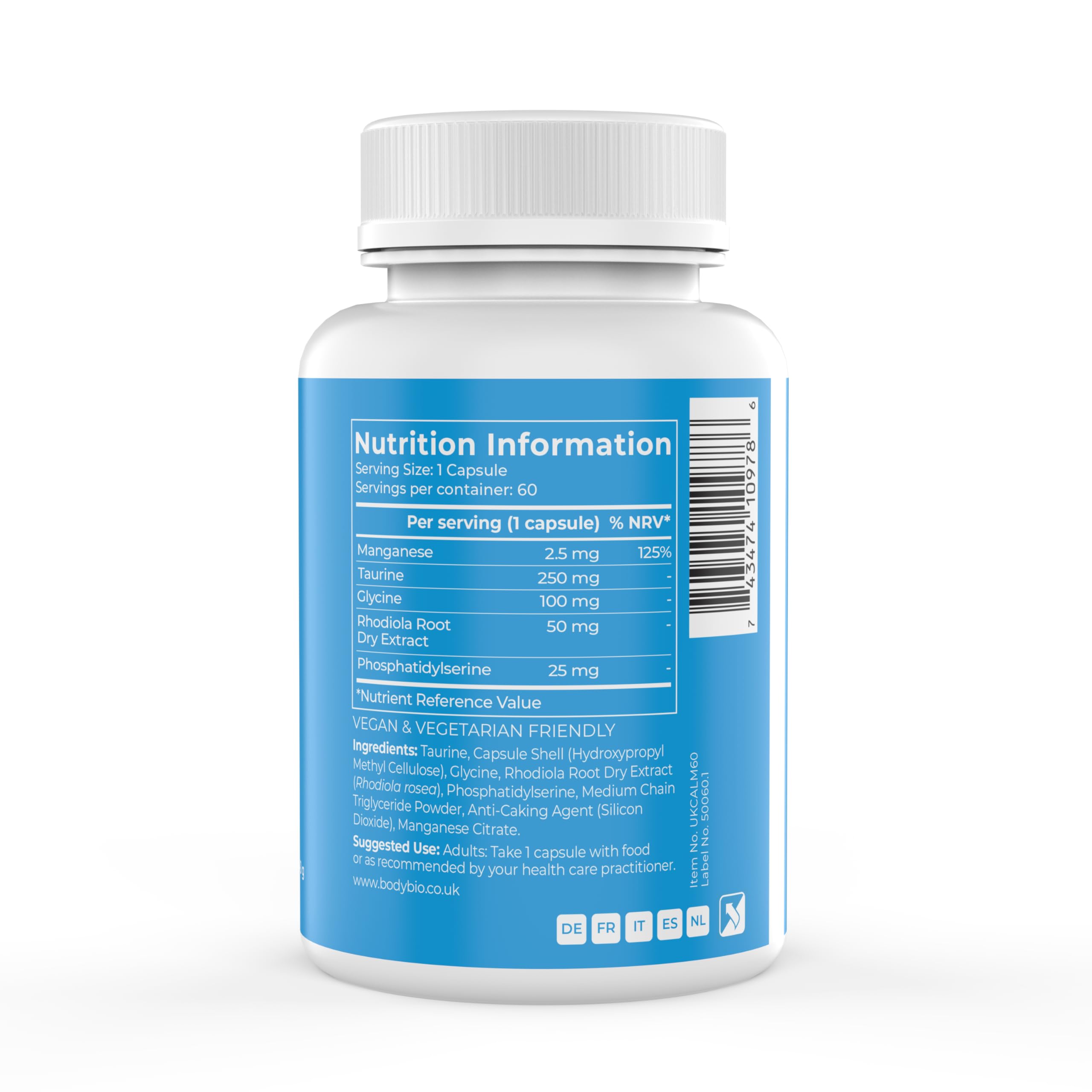 BodyBio Calm - Rhodiola Rosea, Glycine & Phosphatidylsérine - Gestion du Stress Sans Somnolence - Relaxation & Concentration - Formule Naturelle Végane & Sans Gluten - 60 Gélules
