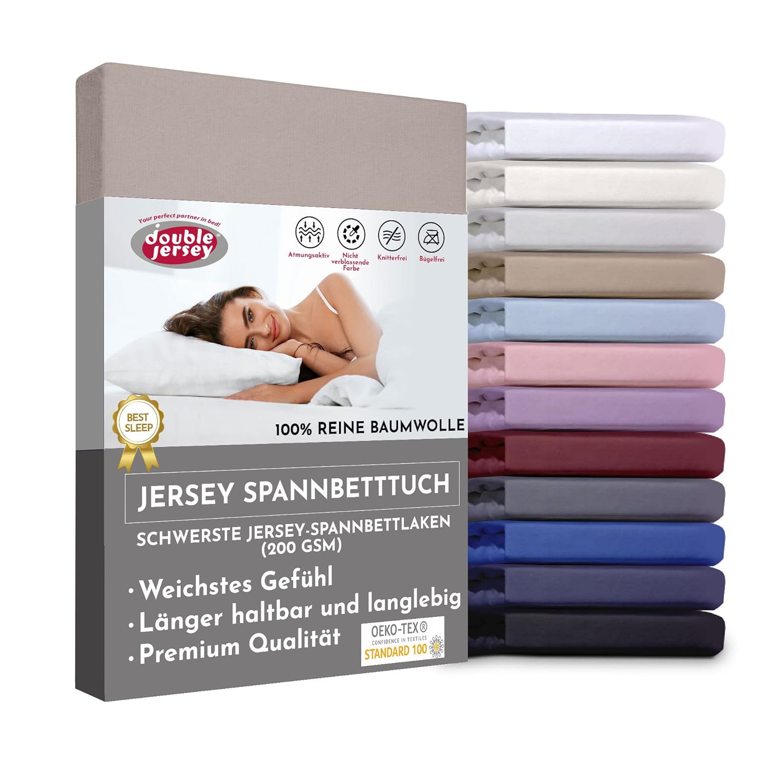 Double Jersey Premium Spannbettlaken 100% Baumwolle Jersey Bettlaken Oeko-Tex 100 Markenqualität – Spannbetttuch für 32 cm Matratzenhöhe – 90 x 200…
