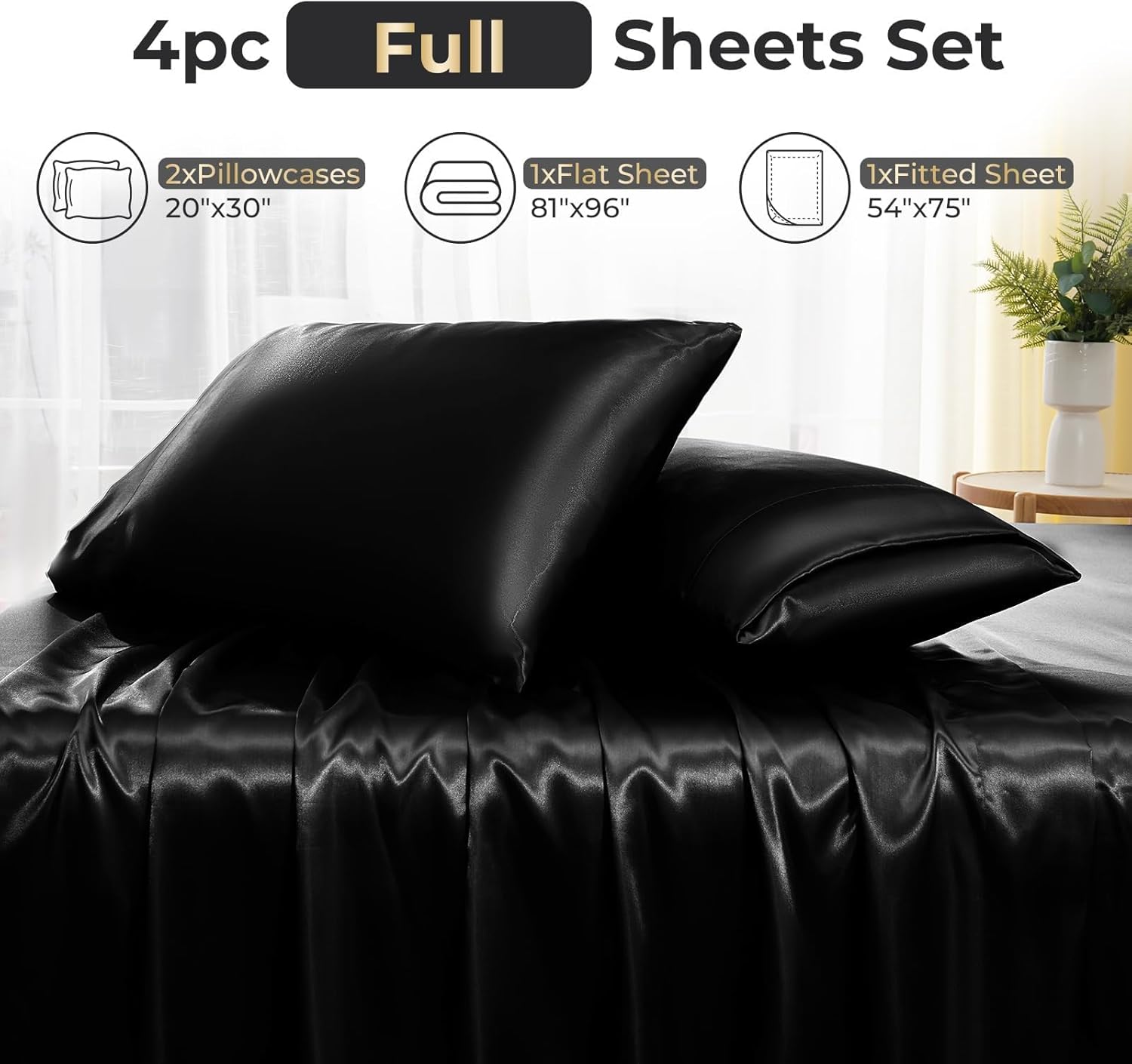 Sasttie Satin Sheets Full - 4 Pieces Luxury Soft Black Silky Bed Sheets Set with Pillowcases - Smooth Silk-Like Satin Fabric, Reinforced 14 Inches Pocket, Oeko-Tex Certified