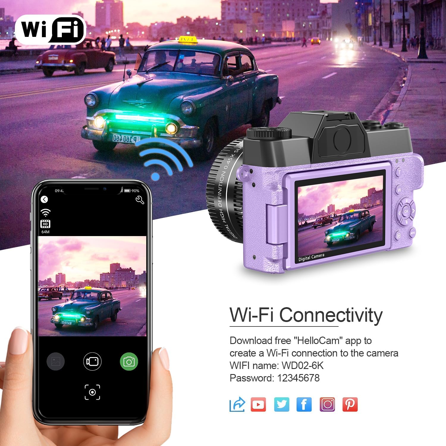 6K 64MP Digital Camera for Photography NIKICAM Vlogging Camera for YouTube with 180° Flip Screen, WiFi,16X Digital Zoom, 52mm Lens, 2 Batteries, 32GB Micro SD Card(Purple)