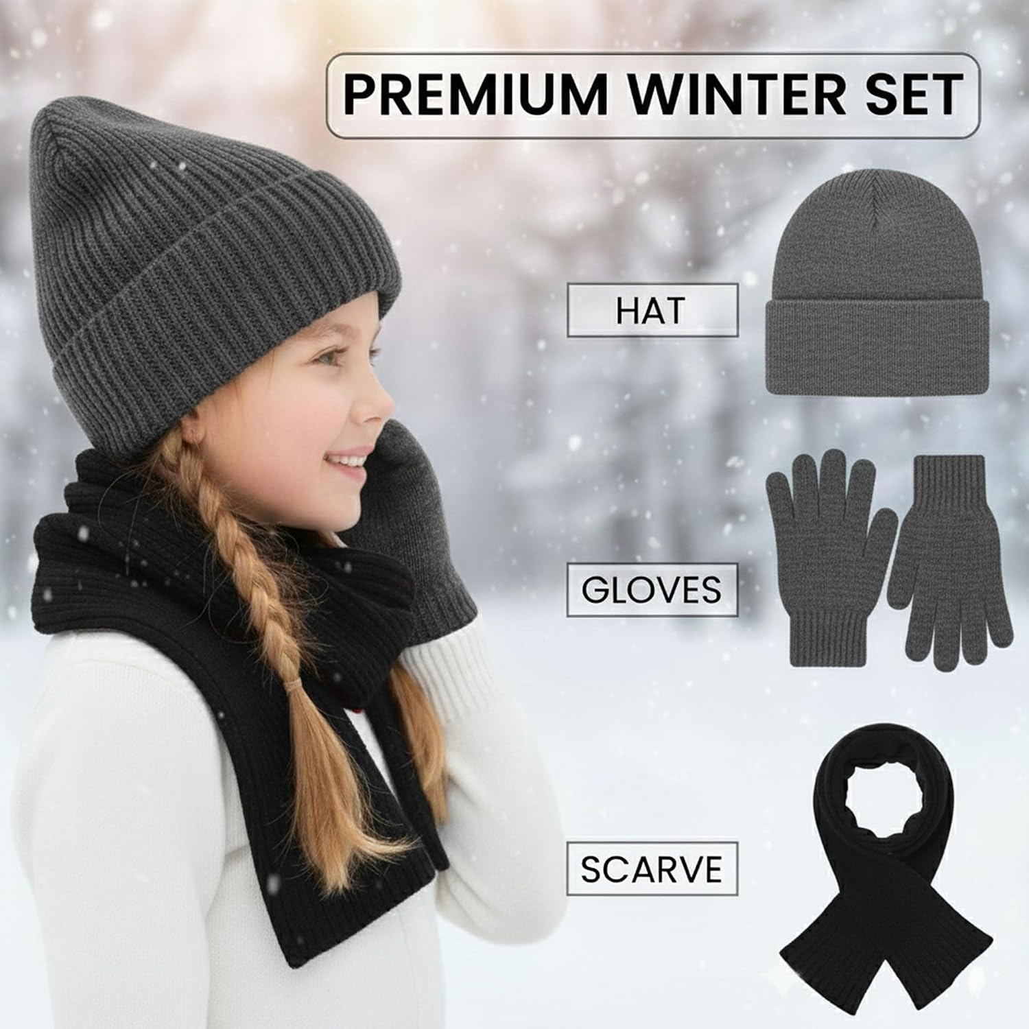 Kids Winter Hat, Scarf & Gloves Set Warm Knit Beanie, Magic Gloves and Soft Scarf for Boys & Girls