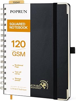 POPRUN Graph Paper Spiral Journal Notebook, [A5-5.75 x 8.25] - 120 GSM Thick Paper, 141 Numbered Pages, Grid Notebooks for Men & Women with Pocket, Index Tabs, 8 Perforated Sheets,Black