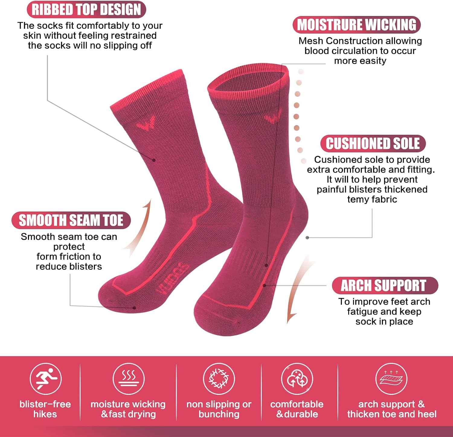 Women's Hiking Socks with Merino Wool, 3-Pair Cushioned & Arch Support Crew Socks for Outdoor, Size 5-9 & 9-12