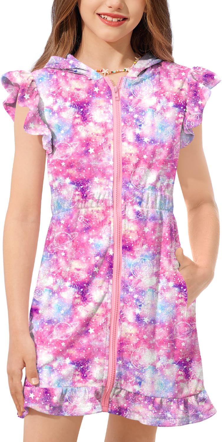 BesserBay Girls Swim Coverups Zip Up with Hood Swimsuit Cover Up Elastic Waist Quick Dry with Pockets 4-12 Years