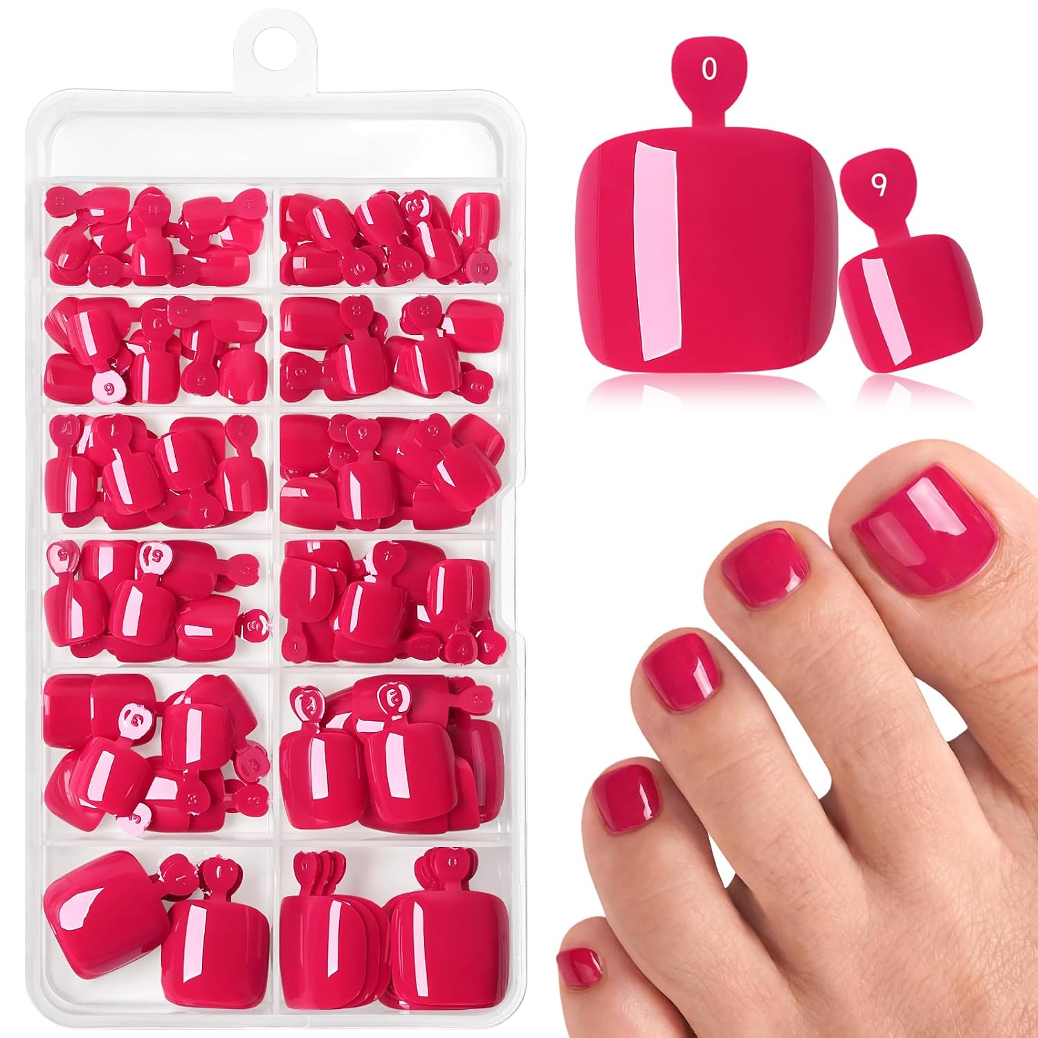AddFavor Toe Nail Press ons - 144pcs Press on Toenails for Women, Deep Red Toe Press on Nails Fake Toe Nail Tips Square Fake Toenails in 12 Sizes Full Cover Acrylic Toenail with Adhesive Tabs