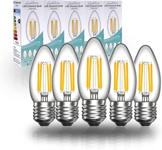 Luxvista E27 LED Dimmable Candle Filament Light Bulb C35 Edison Screw 4W 400 LM Glass Vintage Bulbs for 35-40W Halogen Bulb Replacement Warm White 2700K (5-Pack)