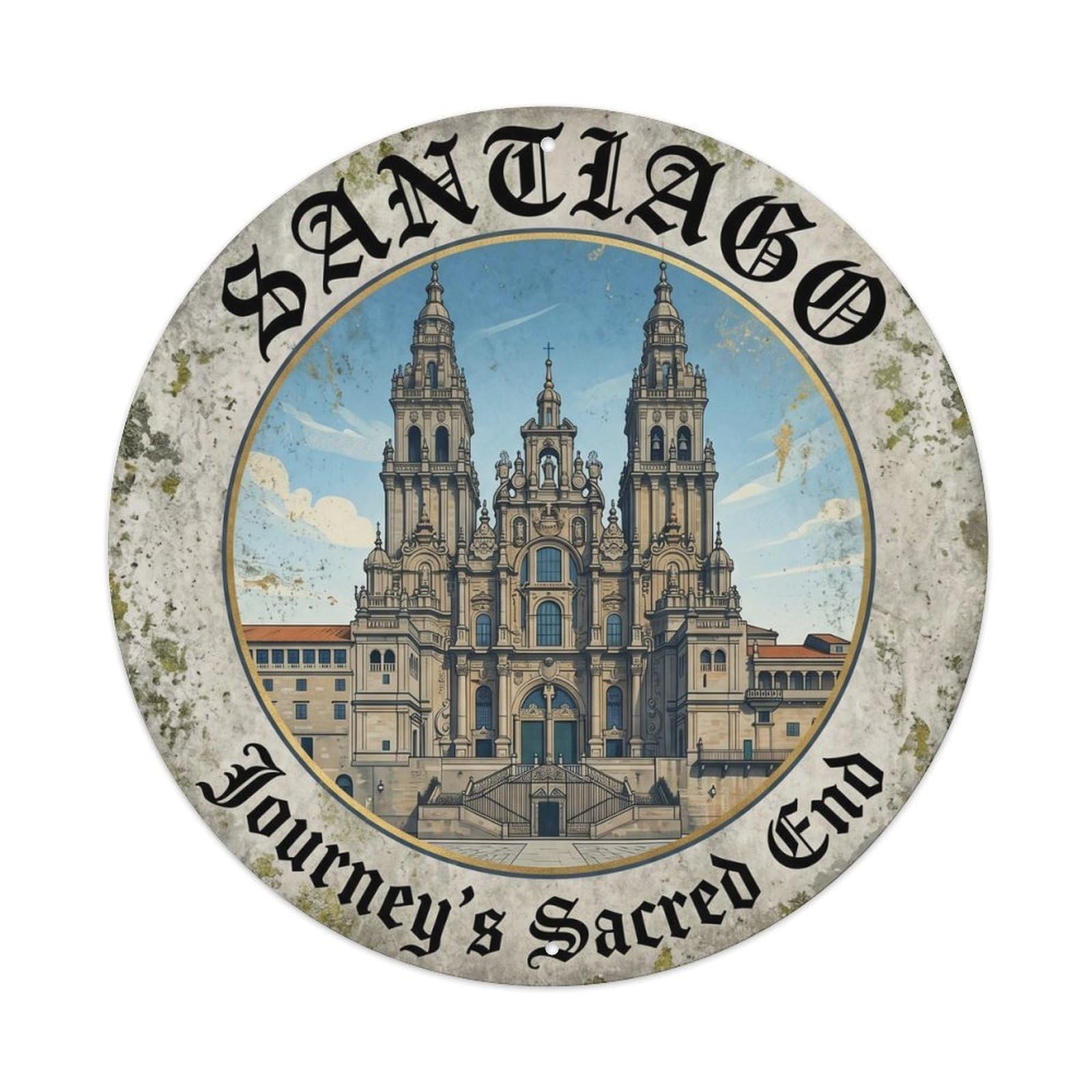 Vintage Travel Santiago Cathedral Galicia Metal Tin Sign Plaque Wall Decor for Cafe, Club, Garden Round Metal Poster 8x8Inch
