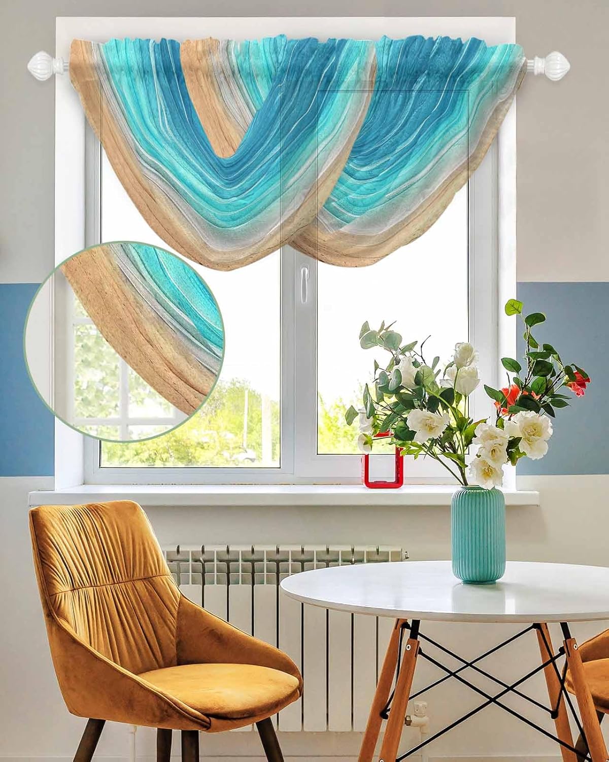 Ocean Turquoise Waterfall Valance for Windows,Living Room Bedroom Kitchen Swag Valance Sheer Scalloped Curtain Drapes Rod Pocket Drapery,Beach Sand Minimalist Geometric Striped 38.5"x47.2",2Pack