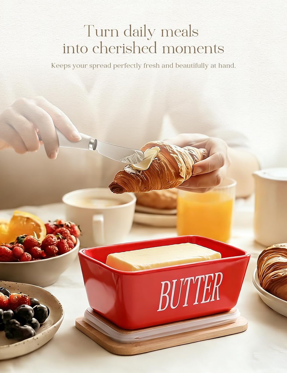 AISBUGUR Large Butter Dish with Lid Ceramics Butter Keeper Container with Knife and High- quality Silicone Sealing Butter Dishes with Covers Good Kitchen Gift Red 6.3 x 3.5 x 2.7 inches image 5