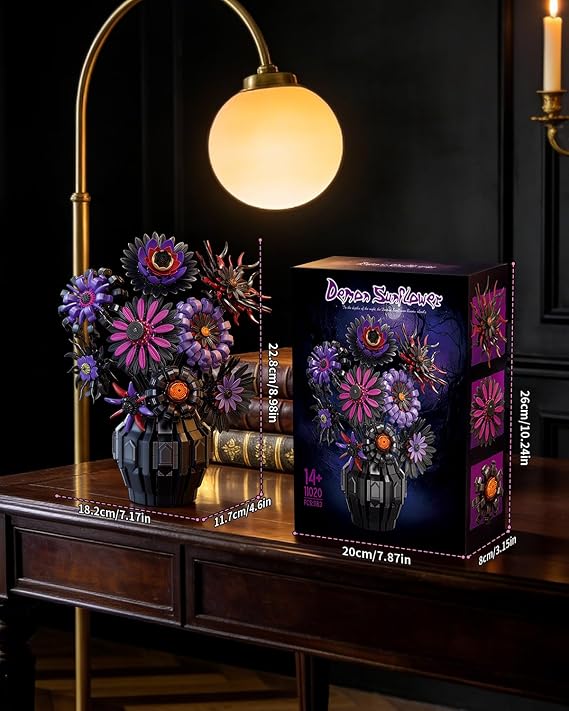 Dark Sunflowers Building Set with Vase, Gothic Purple Van Gogh Sunflower for Home Decor, Compatible with Lego Sunflower Botanicals Collection, 1183 PCS