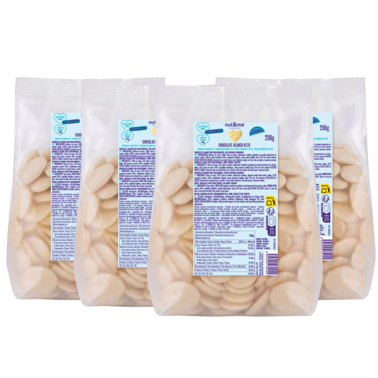 Ppites de chocolat blanc KETO 1 kg nut&me | Vgtarien | Sans gluten |  Sans sucres ajouts | Sans OGM | Pack 4 x 250 gr : Amazon.fr
