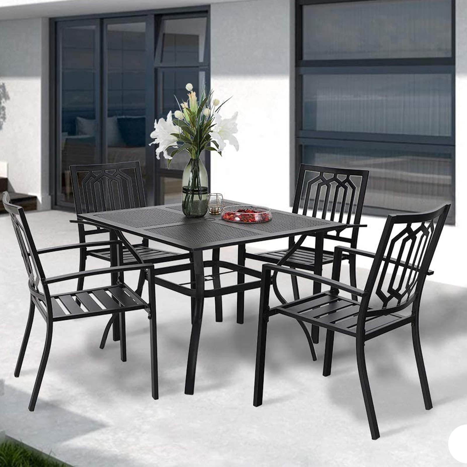 MFSTUDIO 5 Piece Black Metal Dining Table Set with 4 Armrest Chairs and Steel Frame Slat Larger Square 37" Table Furniture Set, Black