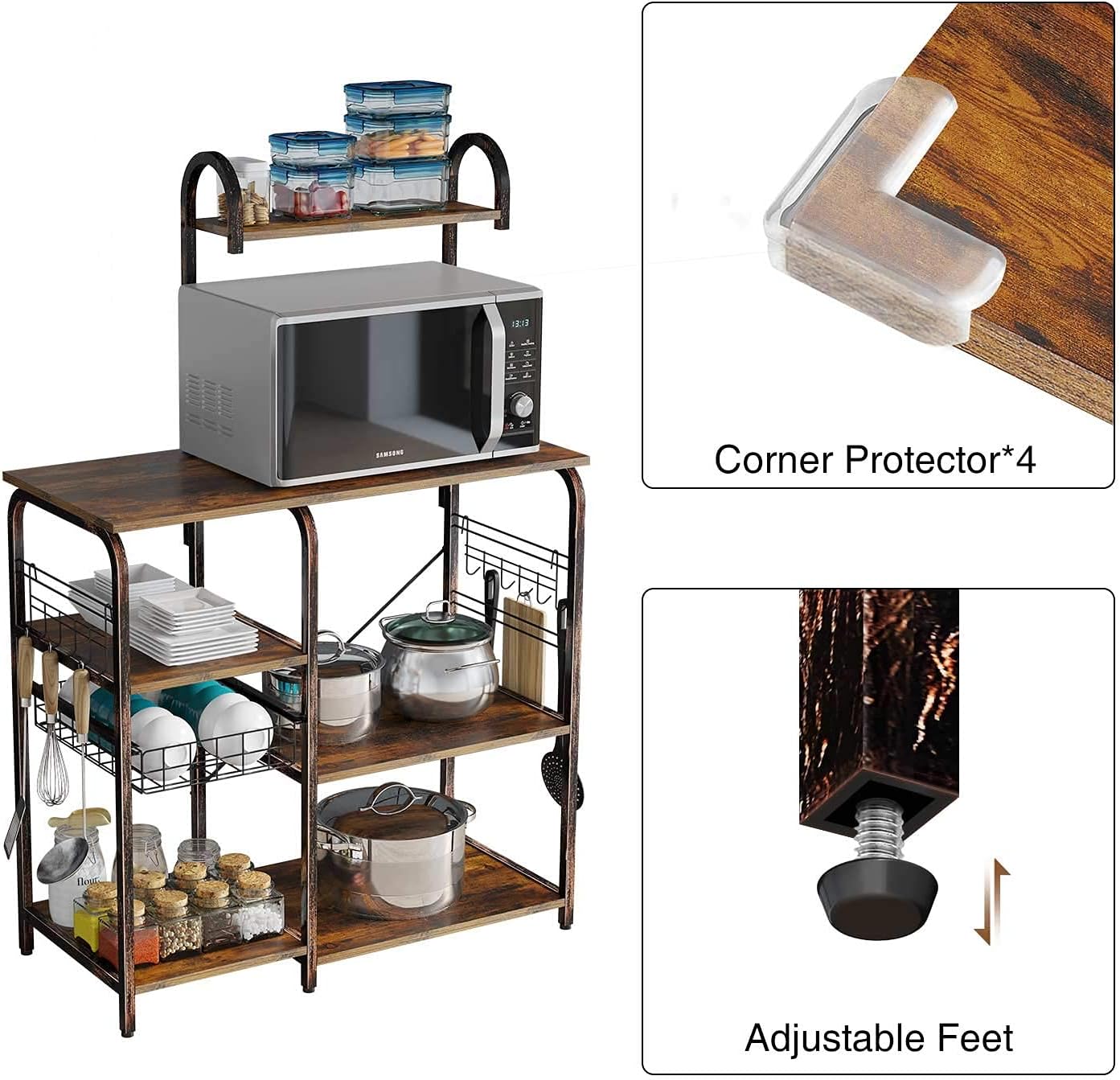 Rolanstar Kitchen Baker's Rack, Large Capacity Utility Storage Shelf, Microwave Stand with 7 Shelves and 12 Hooks, Foldable Pull Basket with Rustic Wall Mounted Storage Cabinets Coat Rack 6 Hooks Han - Standing Baker's Racks