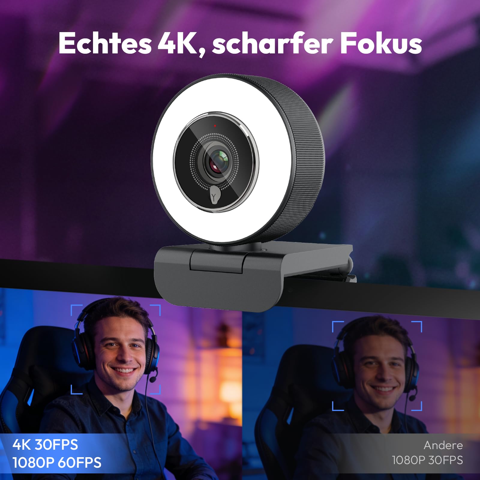 Angetube 4K Webcam mit Licht,PC-Kamera mit Zwei Mikrofonen,1080P@60FPS für flüssiges Streaming,USB-A/C,PDAF-Autofokus,Plug&Play,mit Webcam-Abdeckung,kompatibel mit Zoom/Teams/Laptop/Mac und Windows