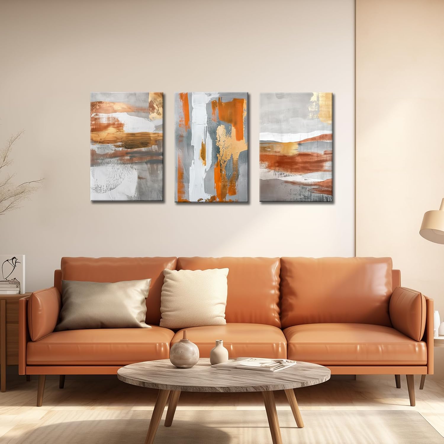 3 Panel Canvas Wall Art Abstract Orange and Grey Gold Wall Art Paintings for Bedroom Living Room Modern Minimalist Print Picture Artwork for Office Bathroom Decor Framed (Modern, 11"x14"x3P, Terracotta)