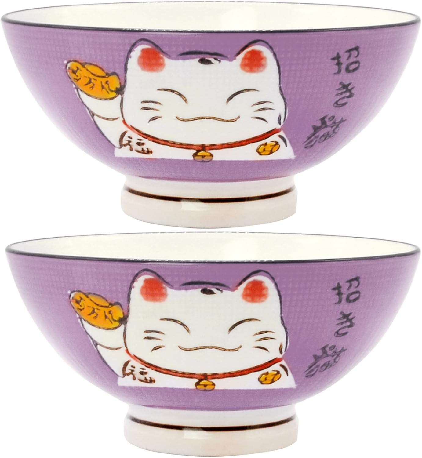Fengshuibringluck 2PCS Cereal Bowls Soup Bowl Set 5.9'' Ramen Bowls Large Soup Bowls Salad Bowls for Kitchen Luck Cat Maneki Neko (Purple)