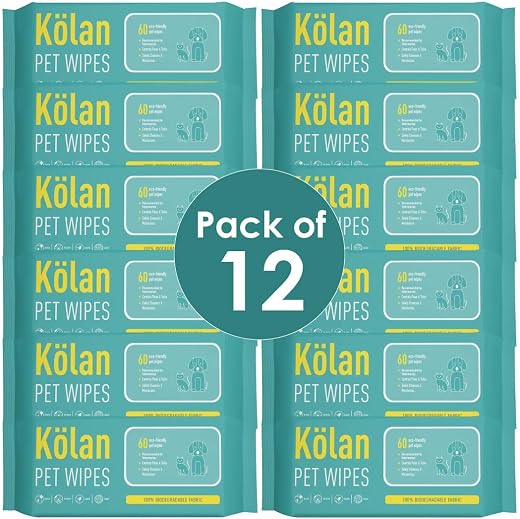 Kolan Pet Wipes 60 Count | Combo Pack of 12 | Fragrance-Free Grooming Wet Wipes | Eco-Friendly, Biodegradable | for Dogs, ...