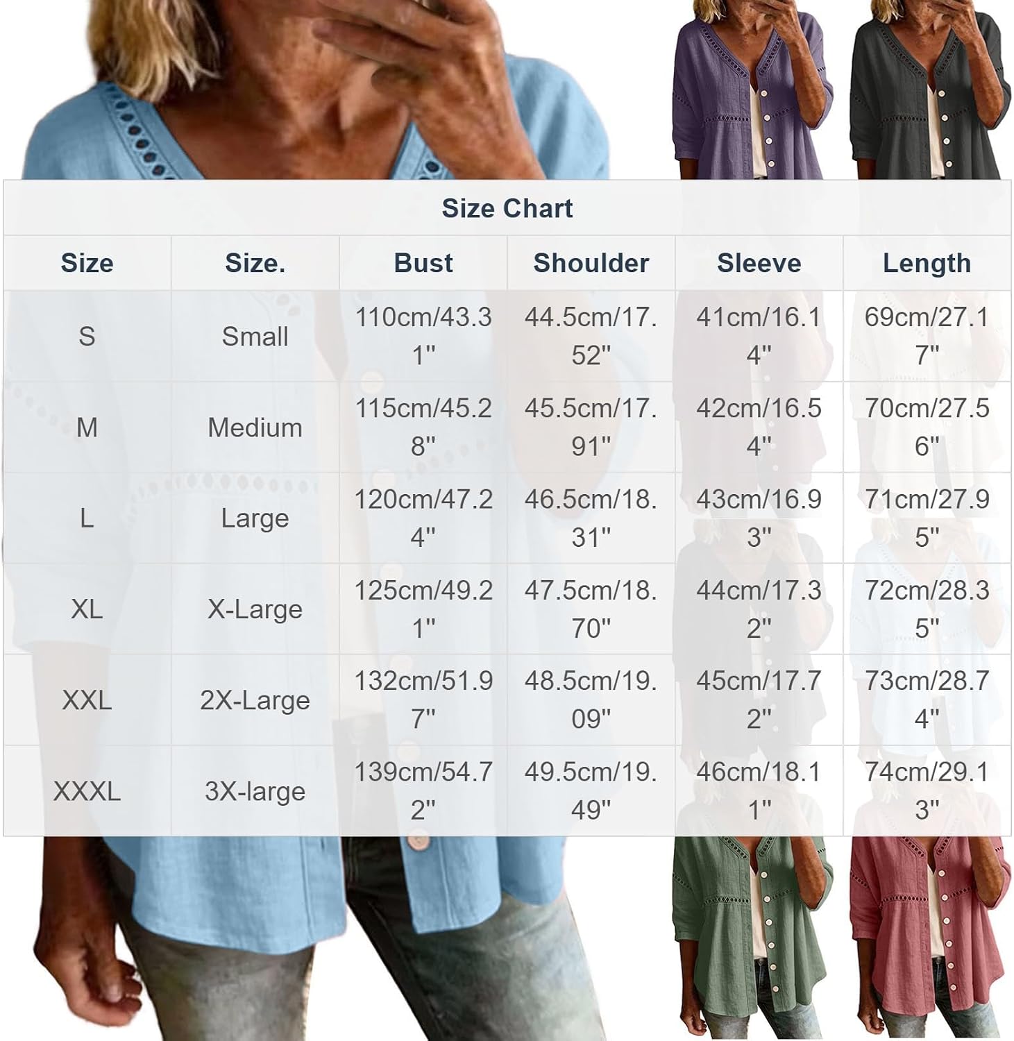 Women Cotton Linen Button Down Tops Casual 3/4 Sleeve Shirt Blouse Crew Neck Hollow Out Blouse Casual Boho Tshirts