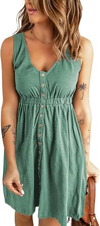 BLENCOT Womens Casual Sleeveless T-Shirt Dresses Summer V Neck Button Down Swing Short Dress