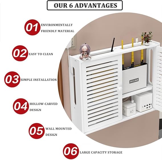 WiFi Storage Box Wall Mount WiFi Router Set Top Cabinet Blinds Decoration Floating Shelves Power Strip And Cable Management Storage Shelf (Color : White, Size : 50x39x10cm)