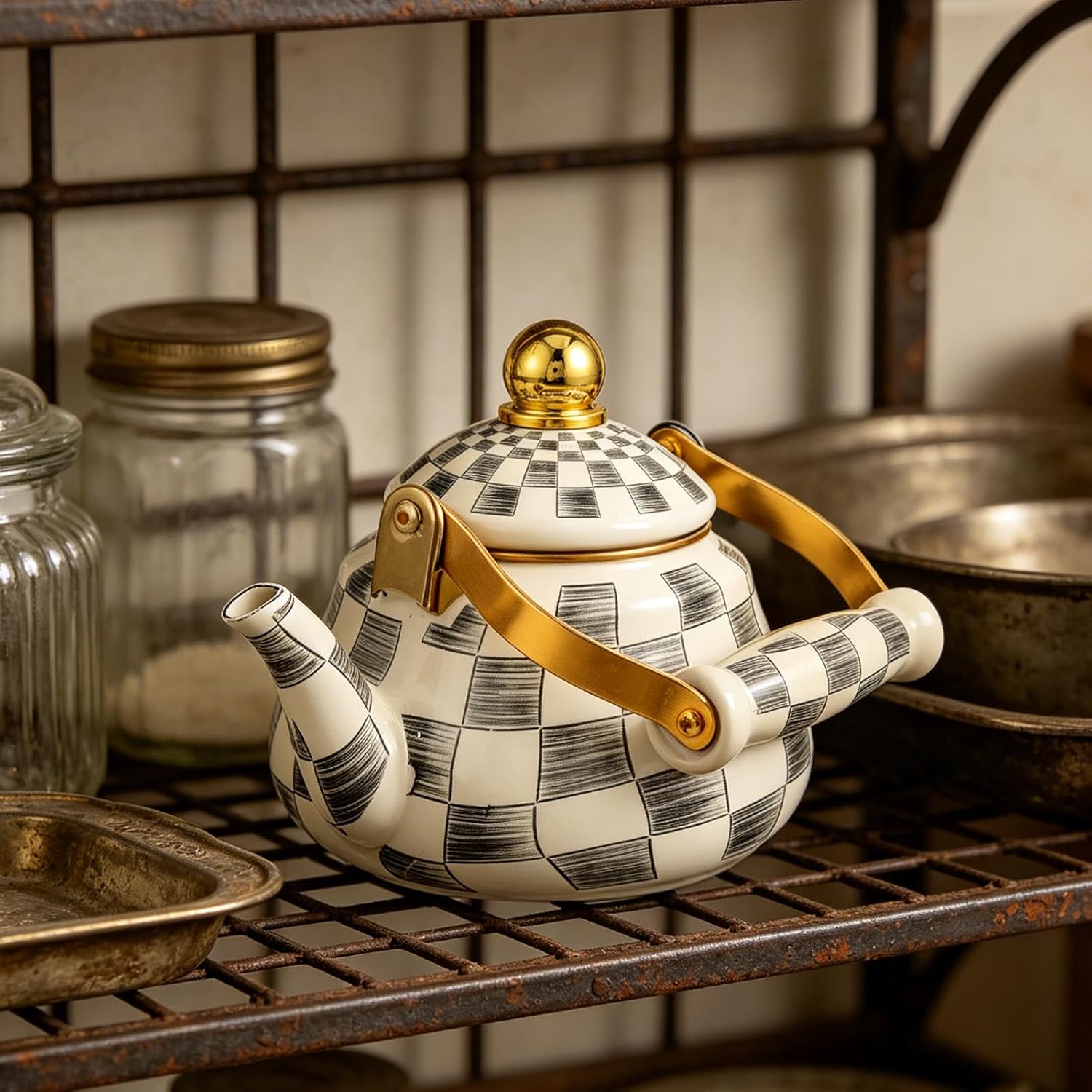 Stovetop Enamel Teapot - 1.5L Long Spout Checkered Tea Kettle with Handle & Lid - Heat Resistant Vintage Tea Pot for Outdoor Boiling Farmhouse Kitchen