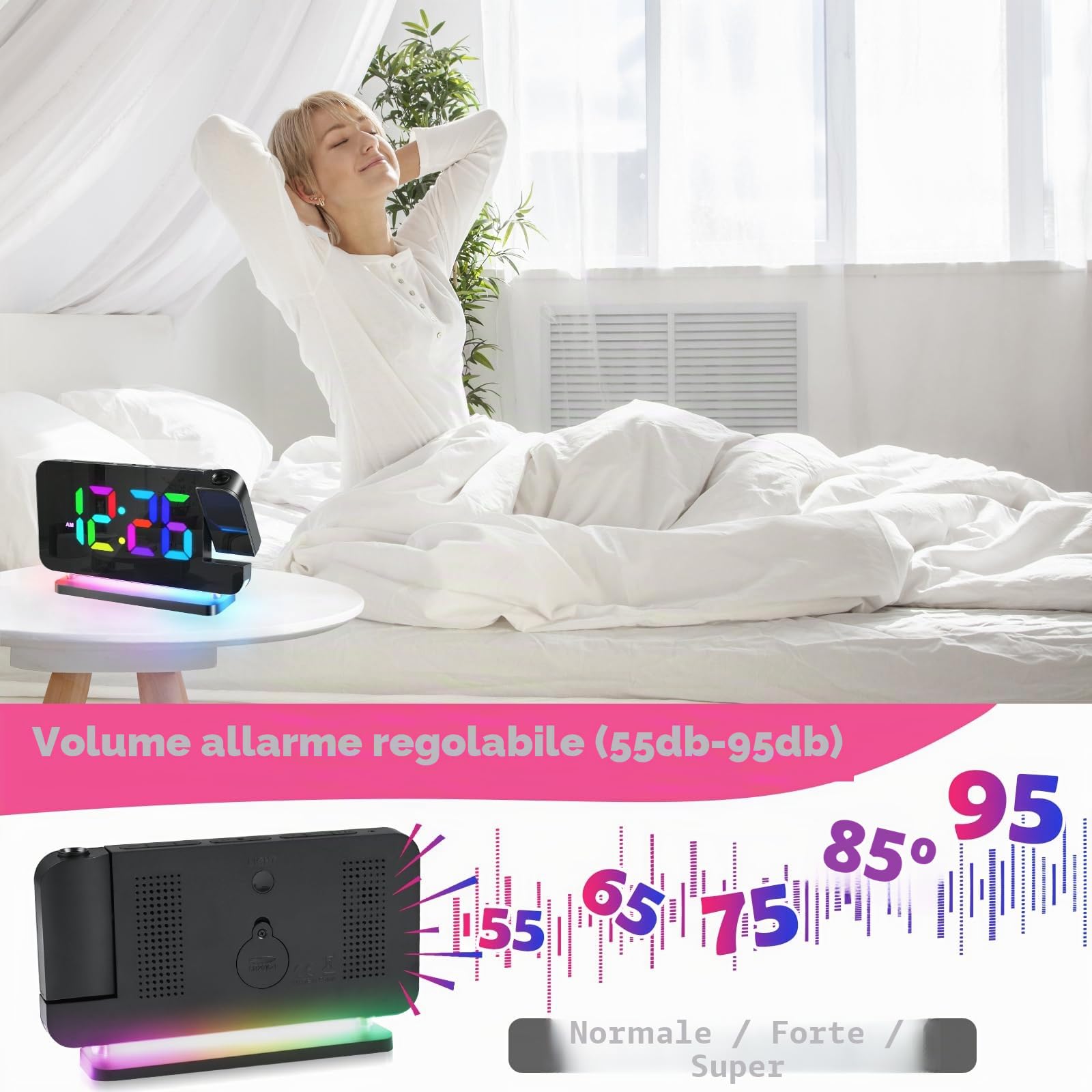 Euakee Sveglia Digitale, Sveglia con Proiezione, Orologio a Specchio LED da 7,4”, Luce Notturna a 10 Colori, Proiettore Ruotabile di 180°, Caricatore USB-C per Bambini Cameretta (Nero)