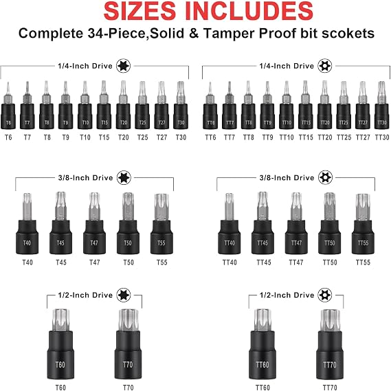 Torx Bit Socket Set,34PCS Sockets Set Premium S2 Alloy Steel,1/4