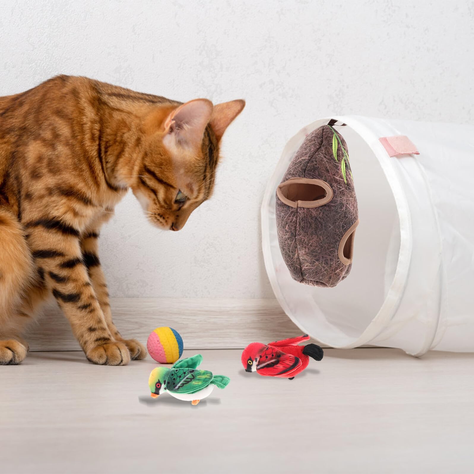 TOYANDONA Realistisches Katzenspielzeug Vogelkäfig Satz Interaktives Quietschvogel Kauspielzeug aus Plüsch für Kätzchen und Katzen Mehrfachspielspaß für Wohnungskatzen Leicht und Tragbar