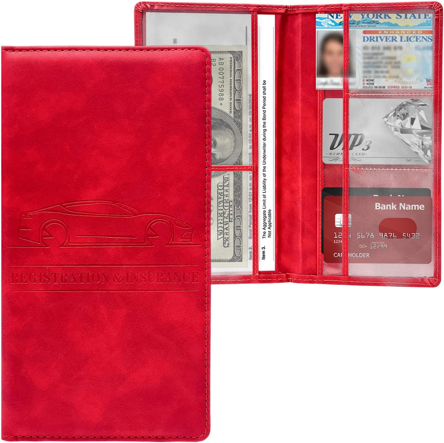 Car Registration and Insurance Holder, PU Leather Auto Document Organizer Glove Box Card Storage Case, Universal Vehicle Document Holder Interior Accessories for Women Men (Red)