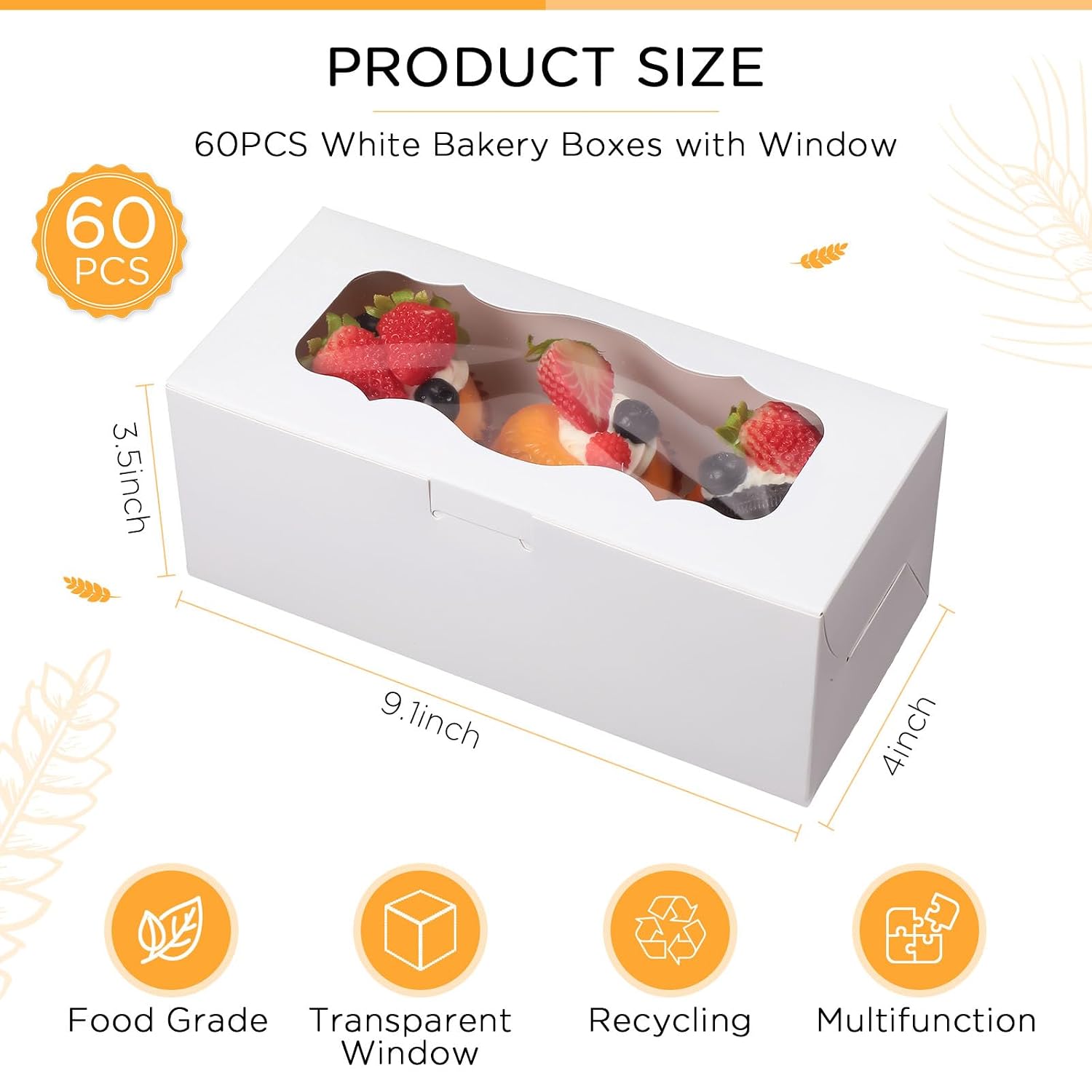 60 Pack White Bakery Boxes with Window, 9 x 4 x 3 Inch, Large Cookie Boxes for Cakes, Donuts, Muffins, Pastries, Desserts, Perfect for Wedding Packaging