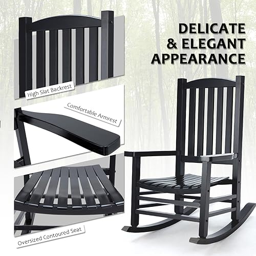 Miniatura 7 de Hupmad Silla mecedora de madera de gran tamaño para porche, balancín de patio al aire libre con respaldo alto y reposabrazos, listones para todo