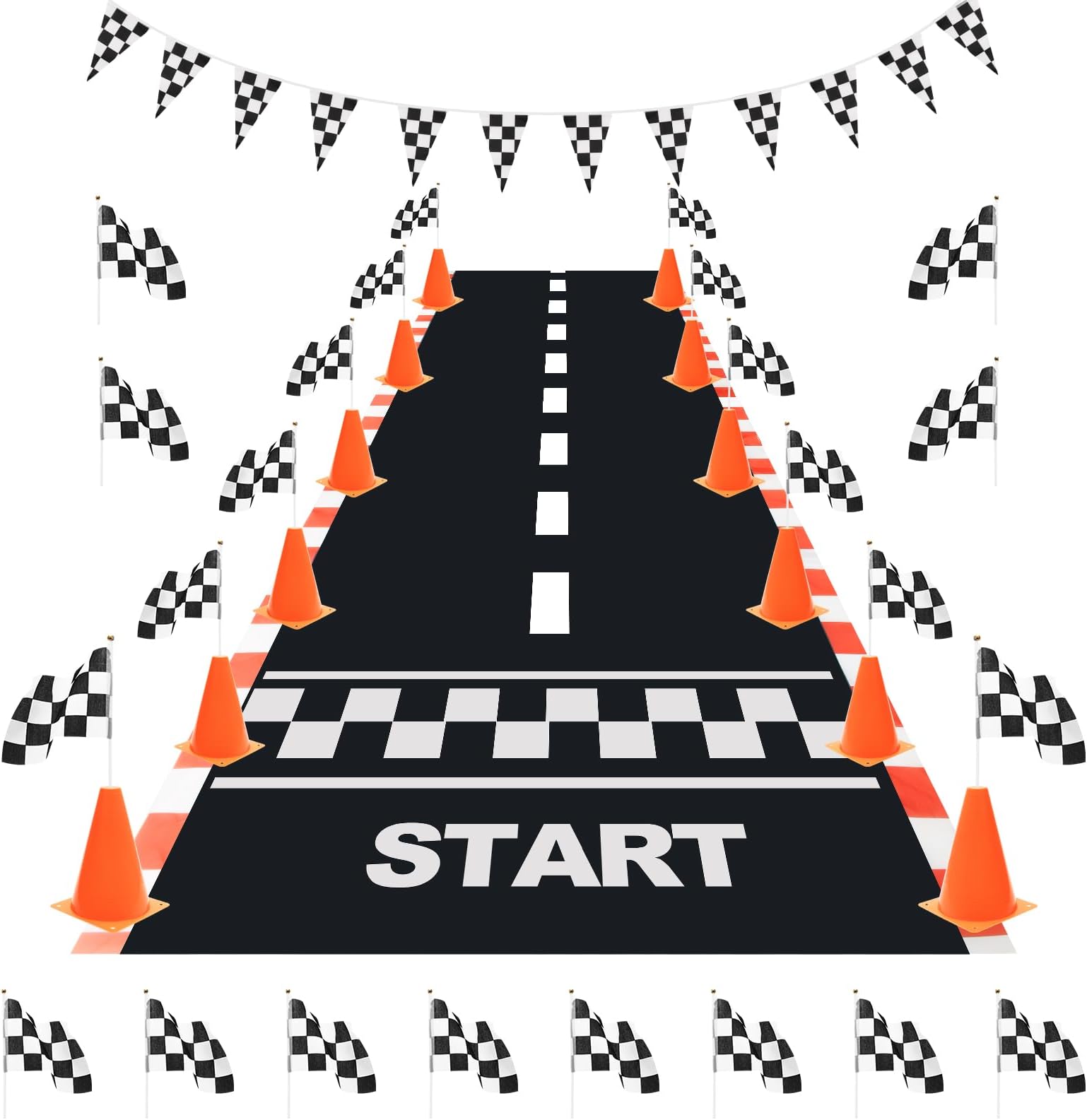 Windspeed 38PCS Racing Checkered Flags and Traffic Cones for Race Car Party, 24 Checkered Flags with Stick/ 12 Racing Traffic Cones/ 3Meter Triangle Flag/ 2Meter Racetrack Floor Running Mat
