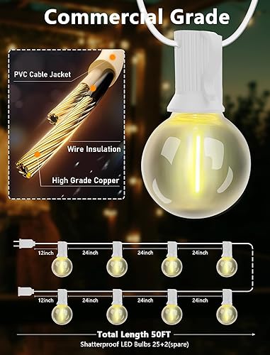 Miniatura 44 de Guirnalda de luces LED G40 de 25 pies para exteriores, tira de luces con 27 bombillas Edison inastillables (2 de repuesto), luces colgantes