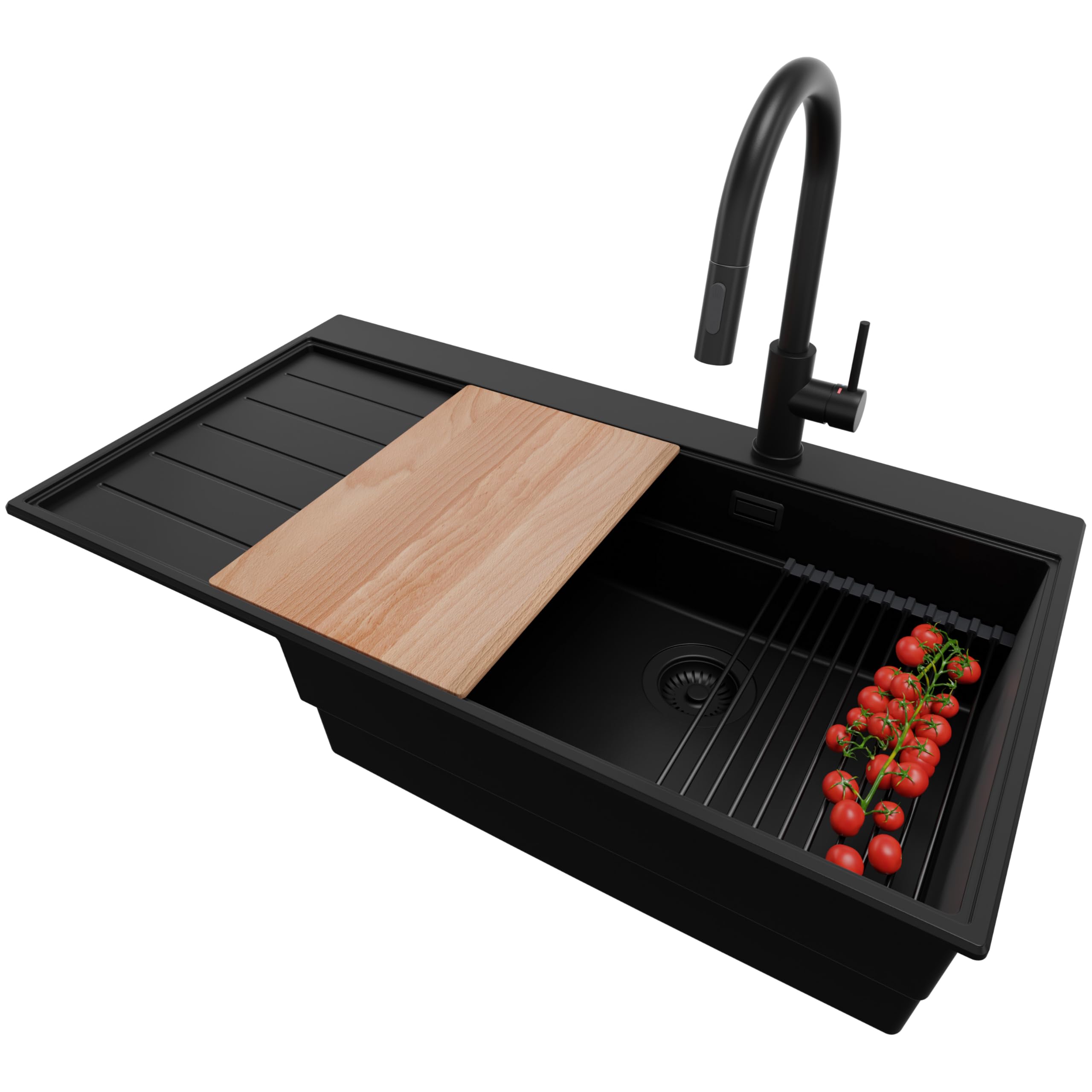 PRIMAGRAN Evier Cuisine en Granit au Meuble 60cm + Robinet, 90x50cm