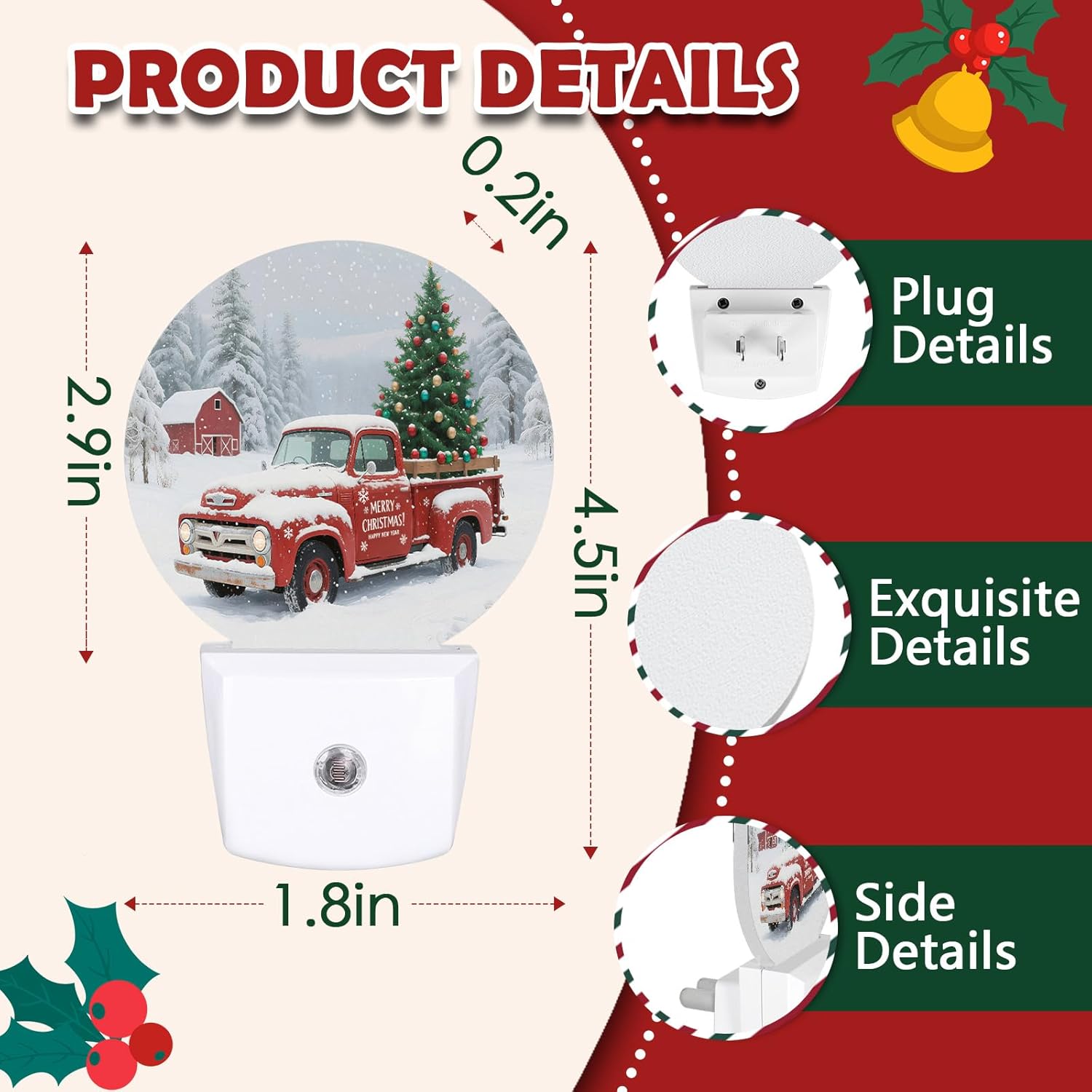 プラグインナイトライト、クリスマストラックナイトライト2個。壁に差し込む暖かいナイトライトクリスマスオーナメント、夕暮れから夜明けま