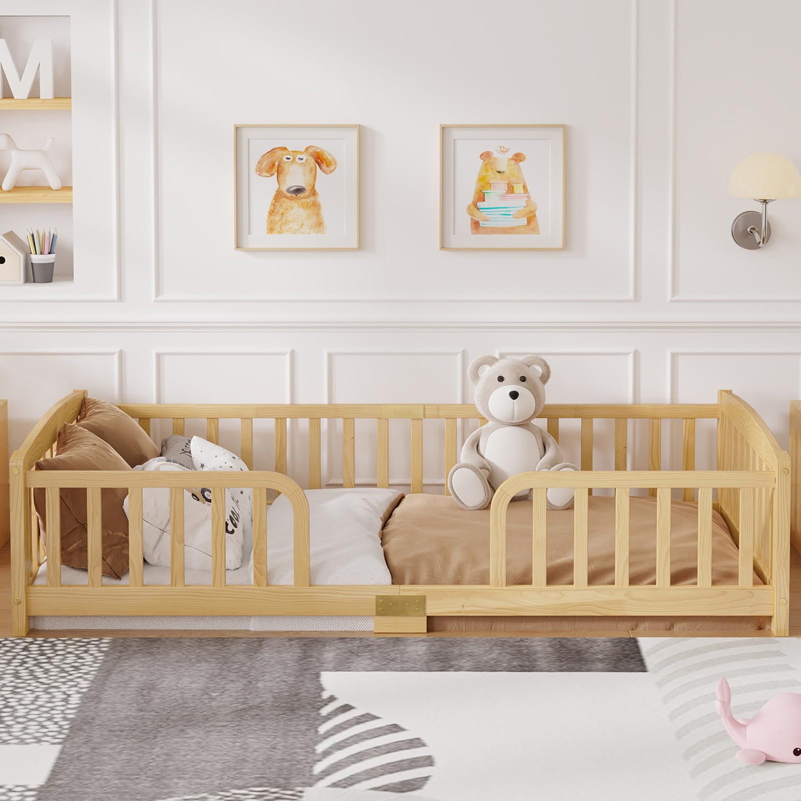 DHHU Lit au Sol 90x200 cm avec barrières de sécurité – Entrée Centrale – Cadre Bas en pin Massif – Lit Enfant pour Transition du Berceau – Montage Facile