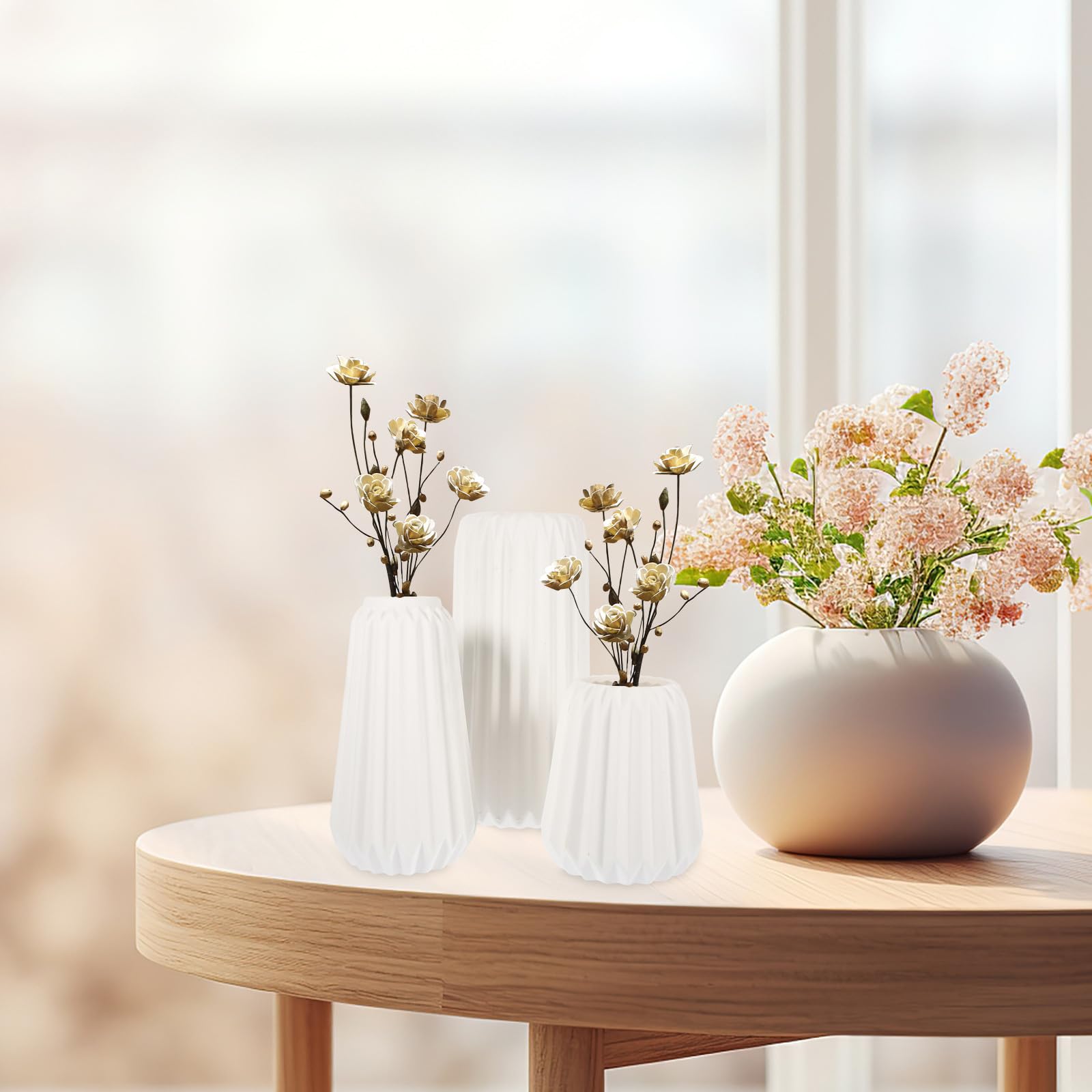 3 Pezzi Set di Vasi in Ceramica Bianco, Vaso Decorativo per Casa