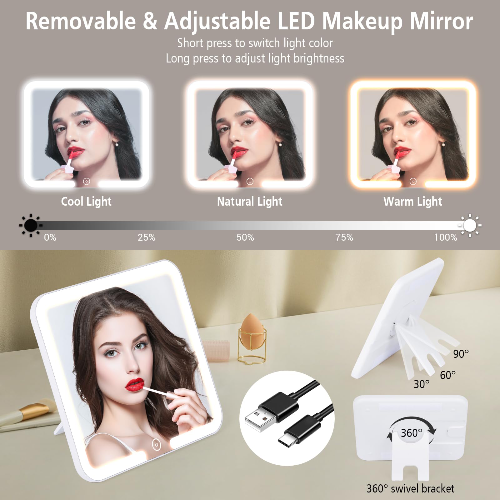 Aiborke Travel Makeup Bag with Led Mirror Make up Case with Lighted Mirror Cosmetic Organizer bag with Adjustable Dividers and 5X Magnifying Mirror Makeup Box Vanity Case for Women Pink+Brown - Image 2