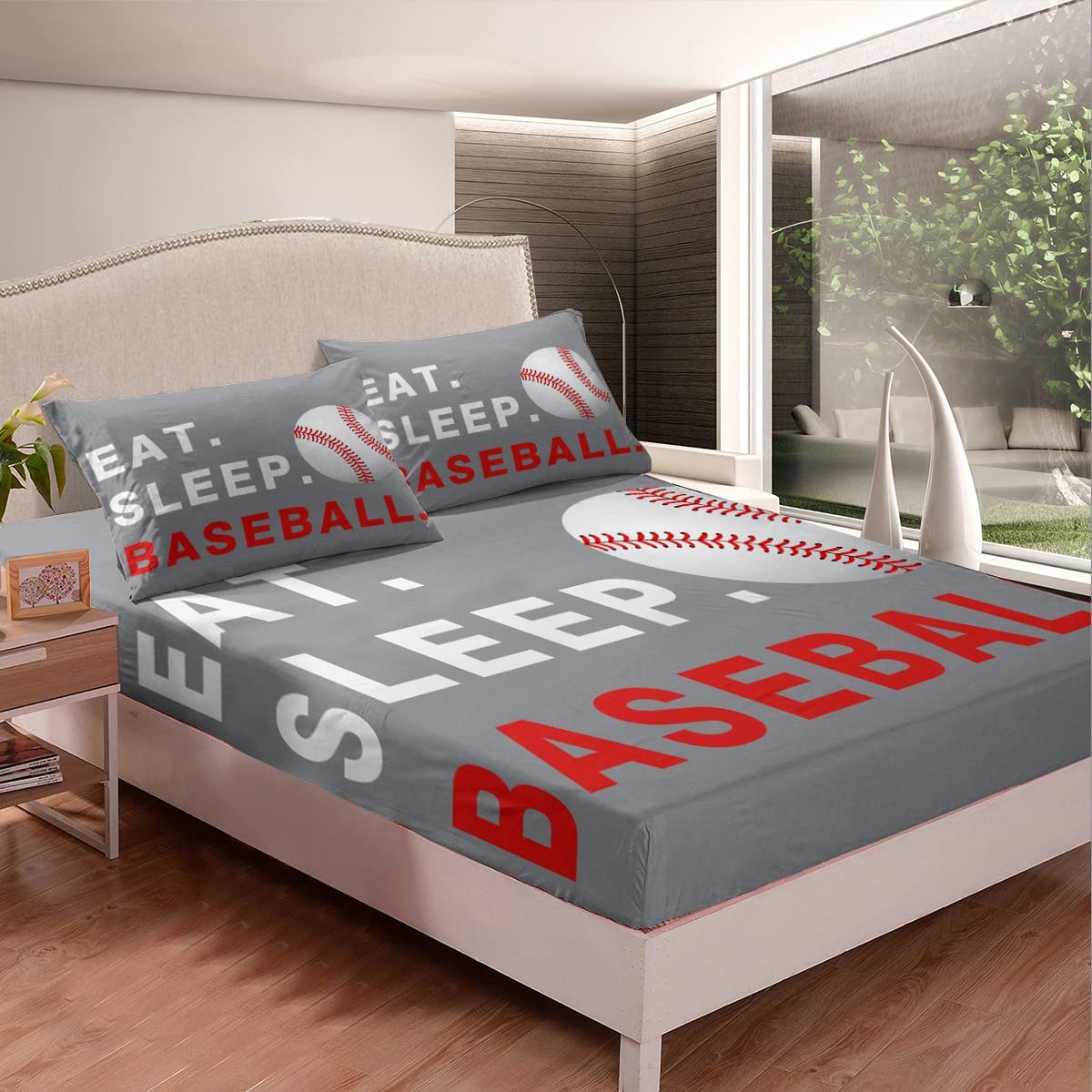 Feelyou Baseball Bed Sheet Set Boys Ball Sports Theme Fitted Sheet Deep Pocket Queen Size for Kids Teens Ultra Soft Baseball Games Lover Bedding Set
