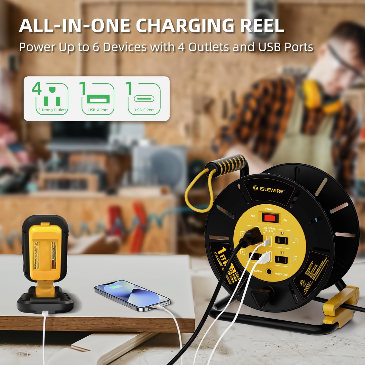 Extension Cord Storage Reel with 4-Grounded Outlets & 2 USB Ports, Heavy Duty Open Cord Reel for 12/3,14/3,16/3 Gauge Power Cord, Hand Wind Retractable, 15A Circuit Breaker, ETL Listed, Yellow