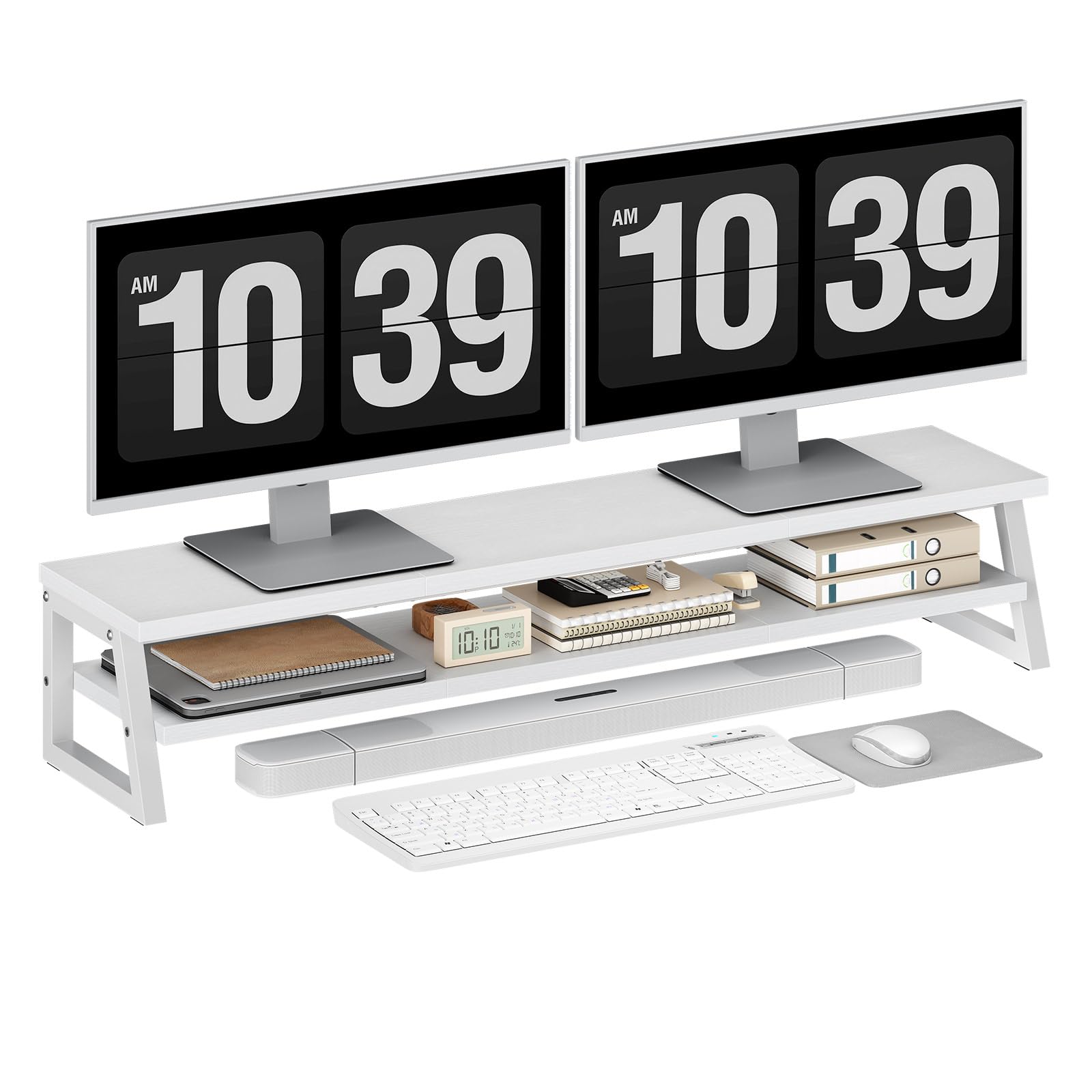 HOOBRO 2-stufiger Monitorständer Holzfür 2 Monitore, 100 x 24 x 19,5 cm, Dual Monitor Ständer, Bildschirmerhöhung, Monitor Erhöhung, Schreibtischregal für Büro und Heimarbeit,Weiß EWW122CJ01
