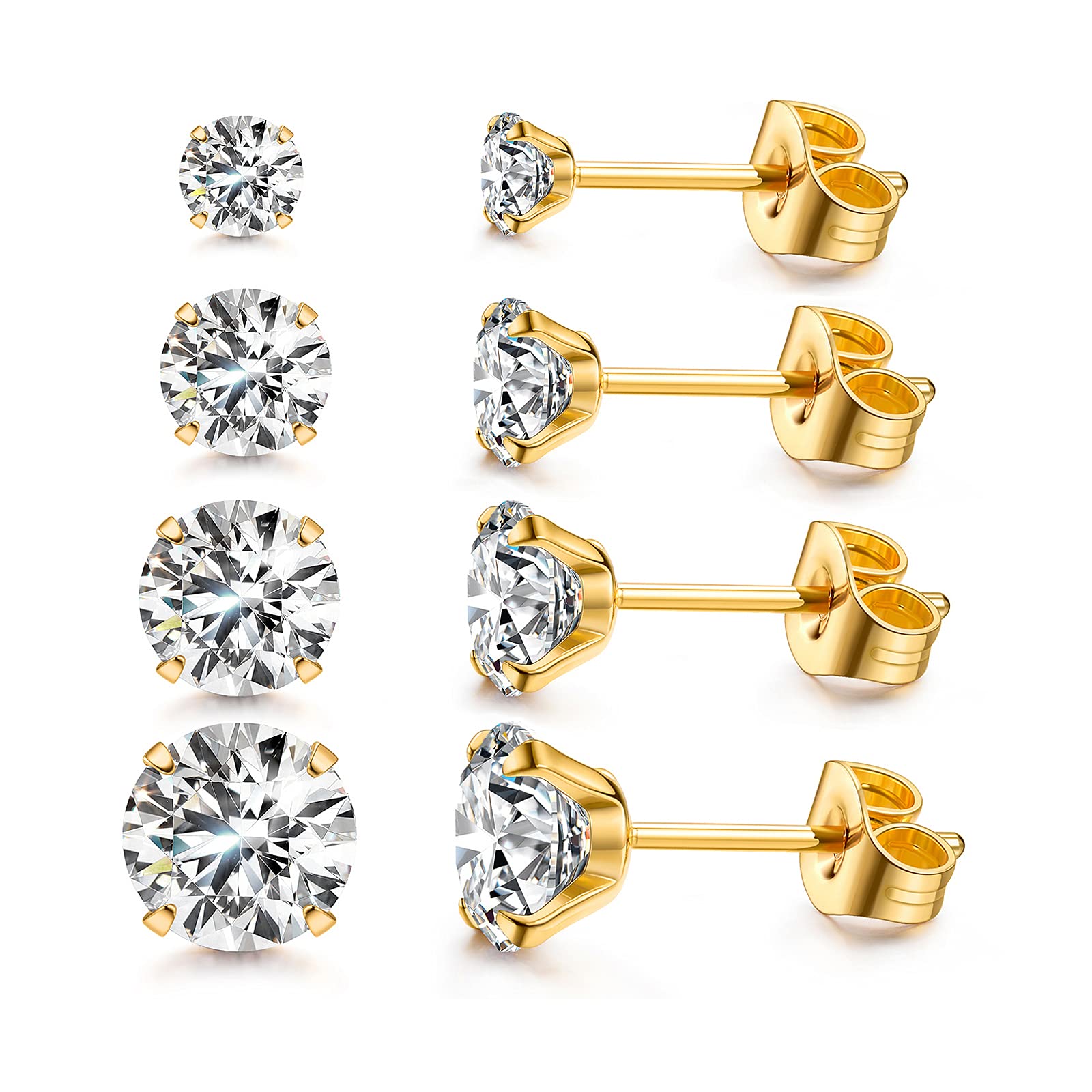 NOKMIT4 Pairs 14K Gold Plated Stainless Steel Stud Earrings for Women Studs Set Hypoallergenic Premium Round Cubic Zirconia Earring Studs