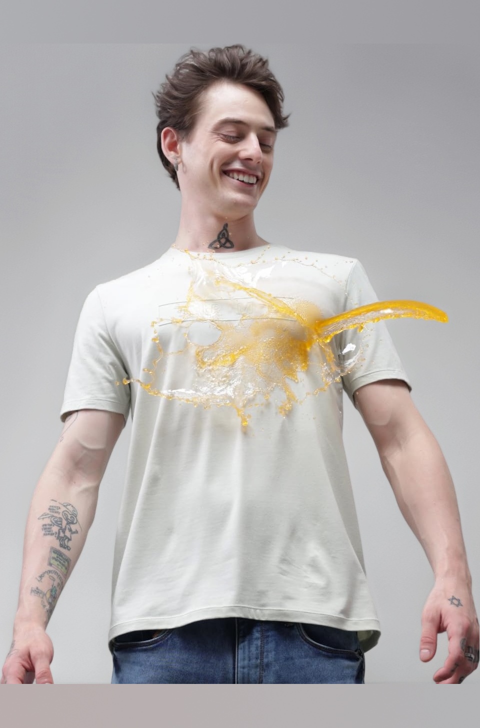 TURMS Men's Anti Stain Casual T-Shirt Round Neck Half Sleeves Chest Print | Anti Odor Water Repellent | Stretchable Cotton Rich Solid | Available in Plus Sizes